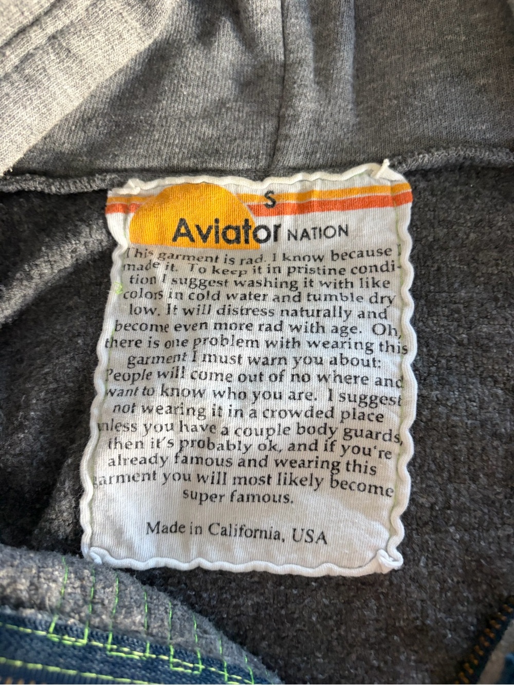 Aviator Nation Gray Zip Hoodie with Yellow, Orange & Blue Stripe - Picture 2 of 3